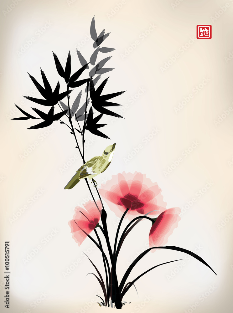 Obraz Tryptyk Chinese ink style flower bird