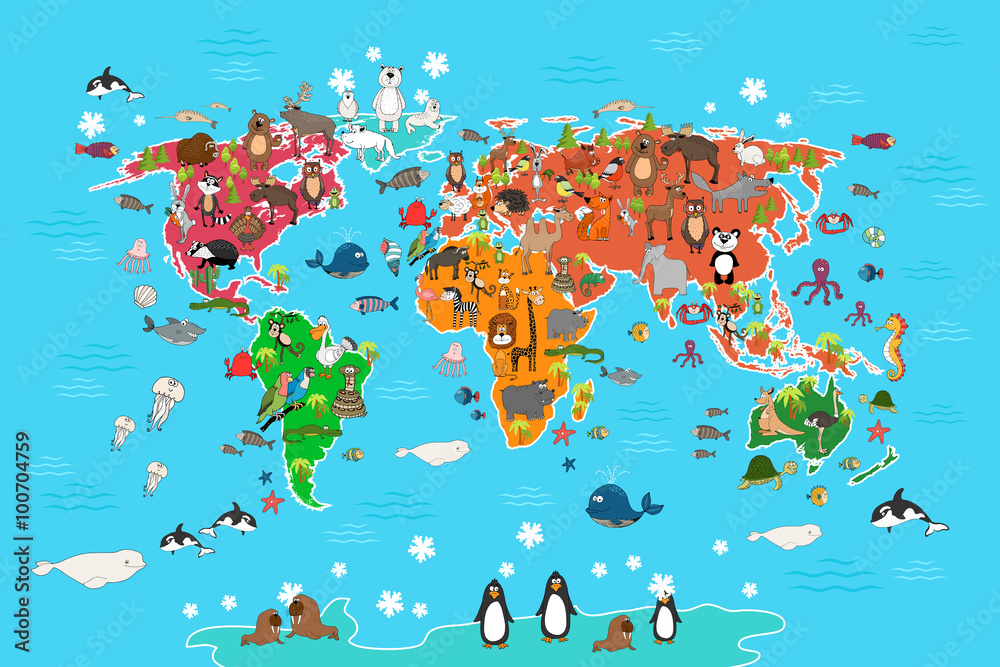 Fototapeta World map with animals. Monkey
