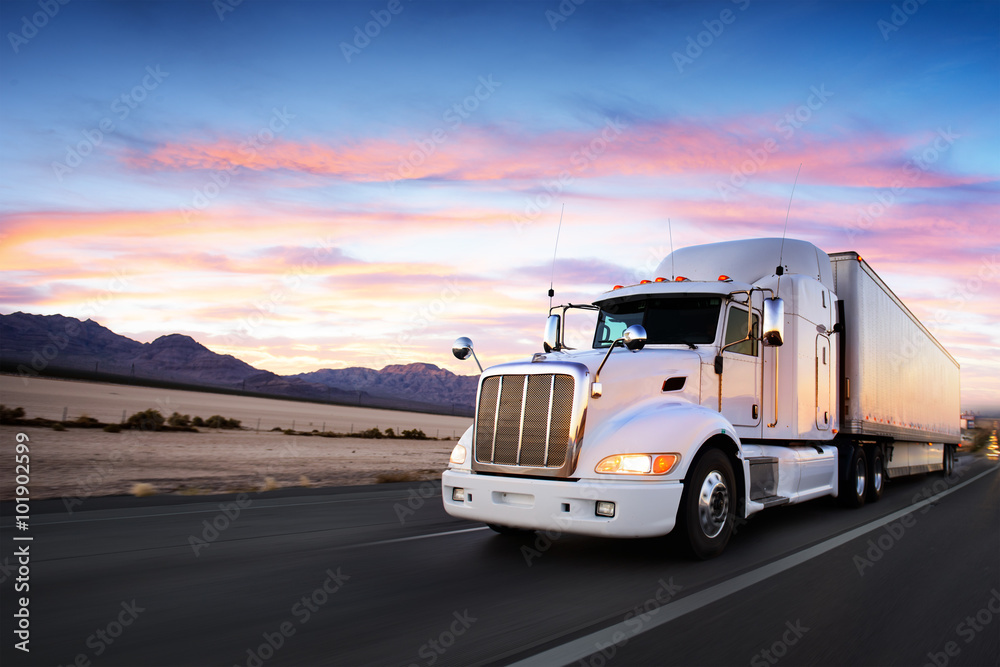 Obraz Tryptyk Truck and highway at sunset -