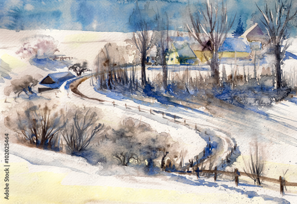 Obraz Kwadryptyk Winter landscape with road to
