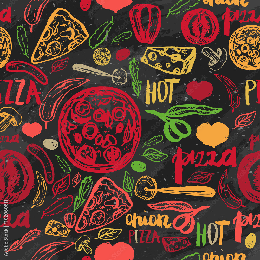 Fototapeta Pizza hand drawn seamless