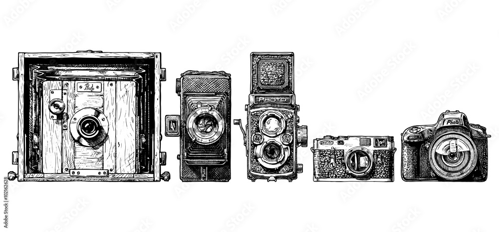 Obraz Kwadryptyk photo cameras evolution set.