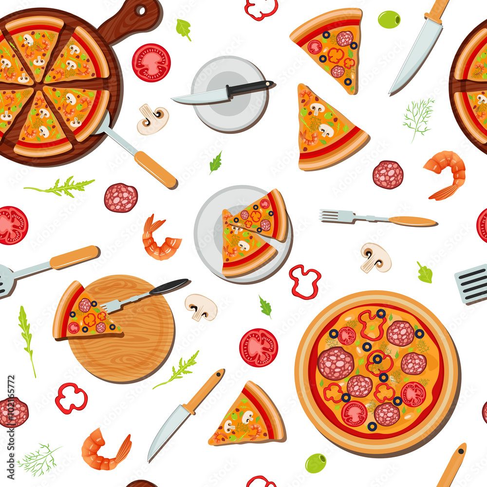 Fototapeta Pizza Seamless Pattern with