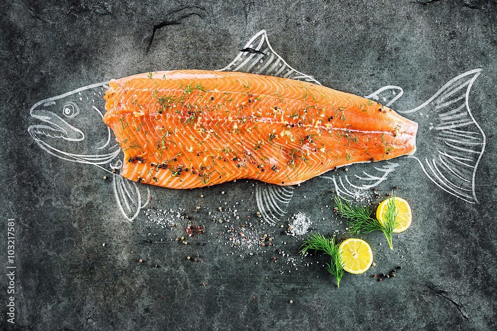 Obraz Tryptyk raw salmon fish steak with