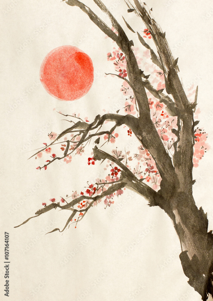 Obraz Tryptyk plum tree red sun