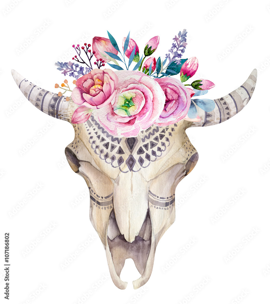 Obraz na płótnie Watercolor cow skull with