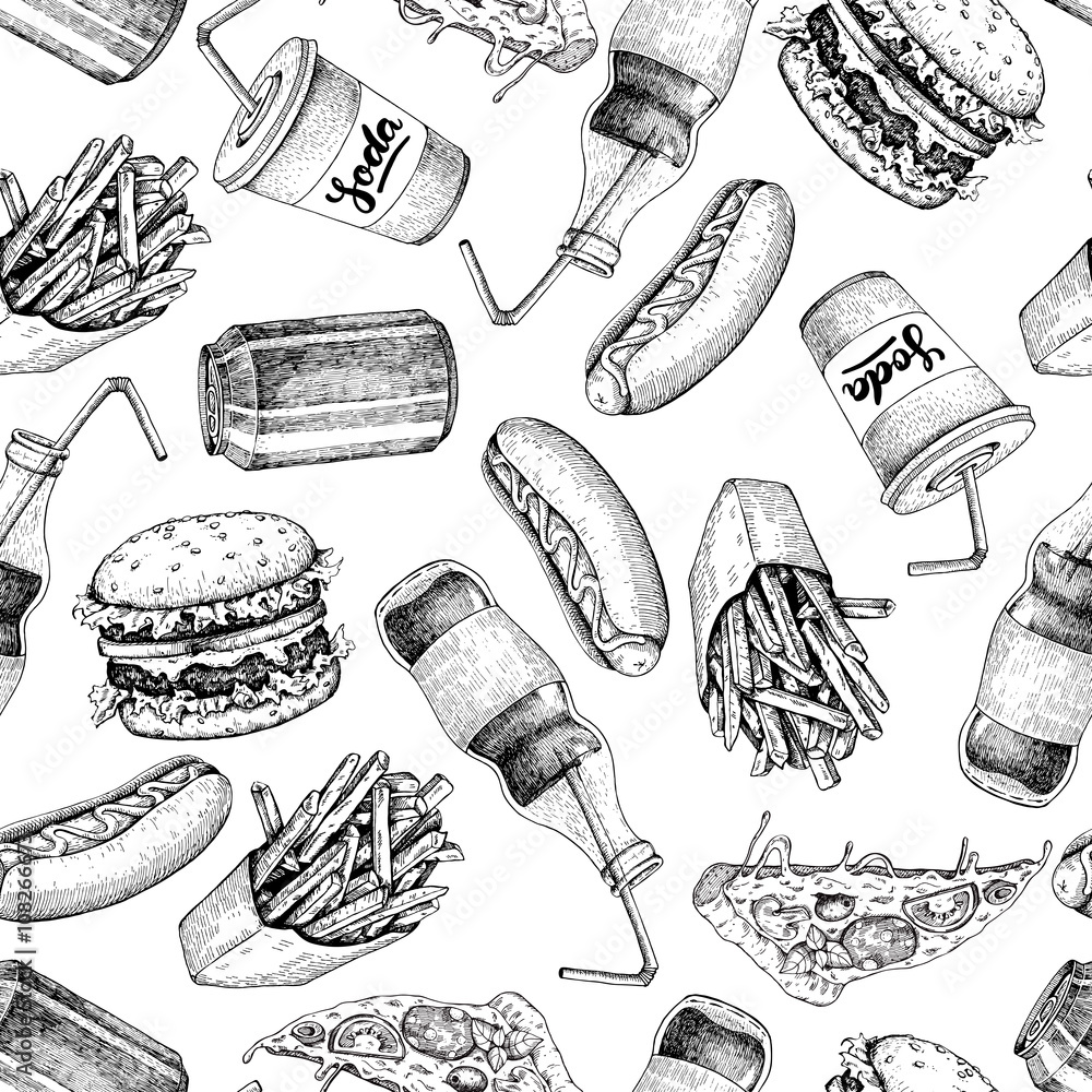 Tapeta Hand drawn fast food pattern.