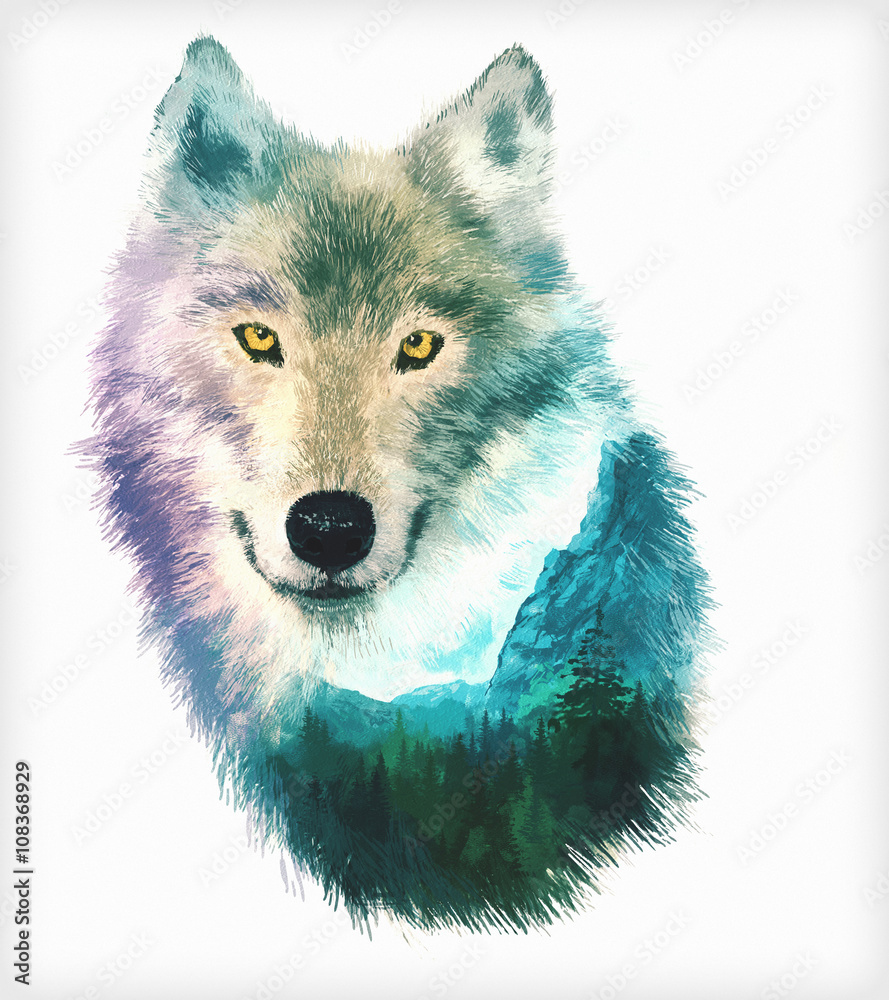Obraz Tryptyk wolf double exposure