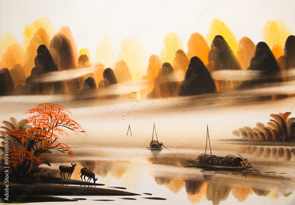 Fototapeta Chinese landscape watercolor