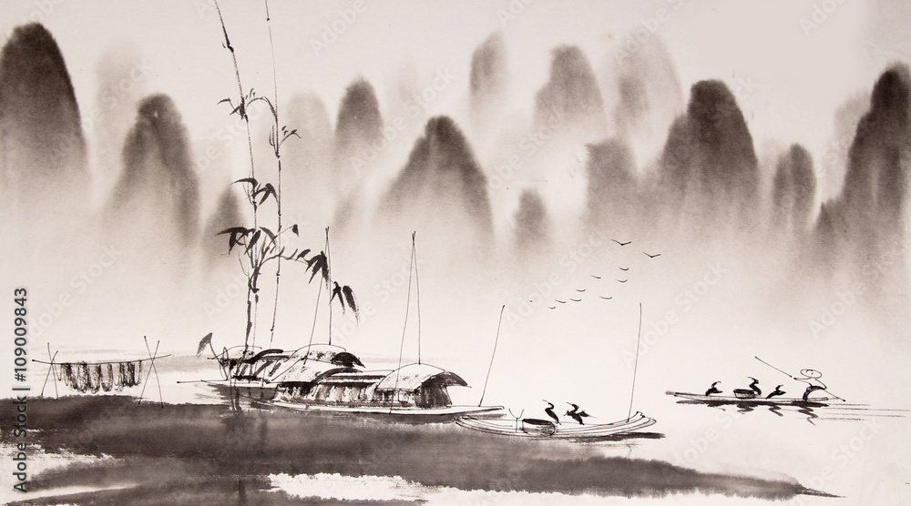 Obraz Tryptyk Chinese landscape ink painting