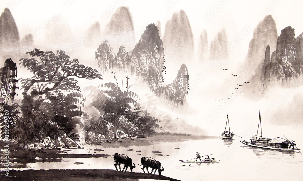 Obraz Pentaptyk Chinese landscape watercolor