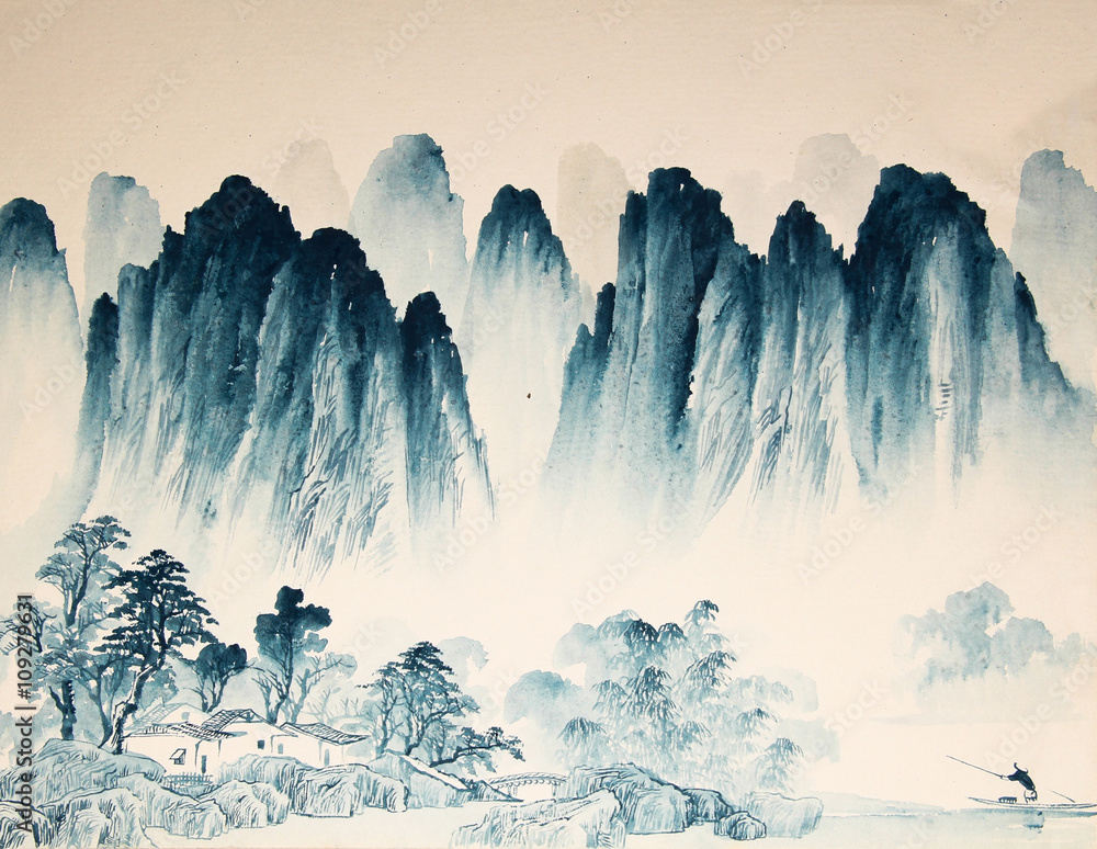 Obraz Kwadryptyk Chinese landscape watercolor