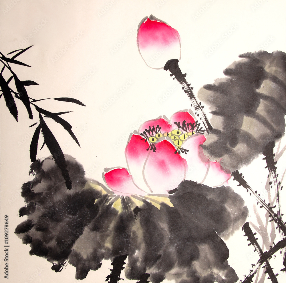 Obraz Tryptyk ink lotus painting hand drawn