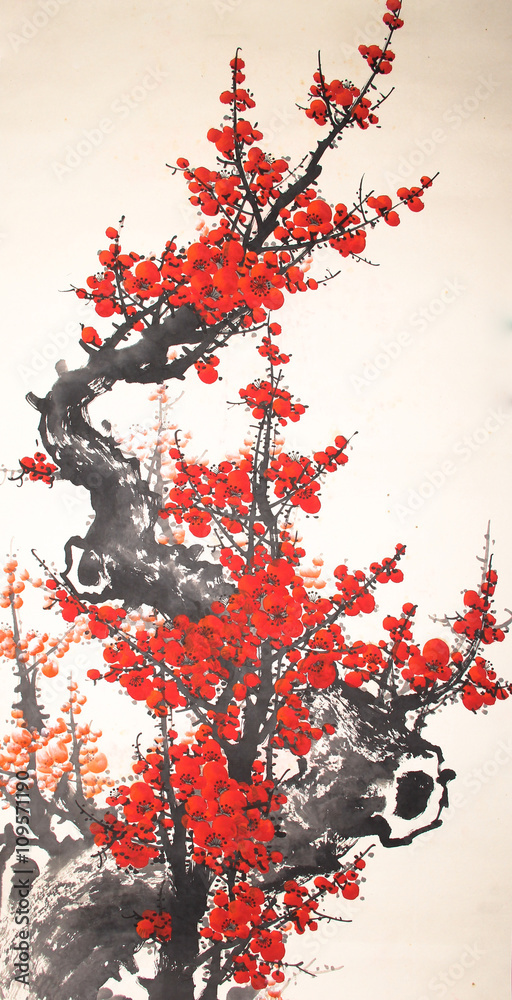Obraz Pentaptyk Chinese watercolor cherry