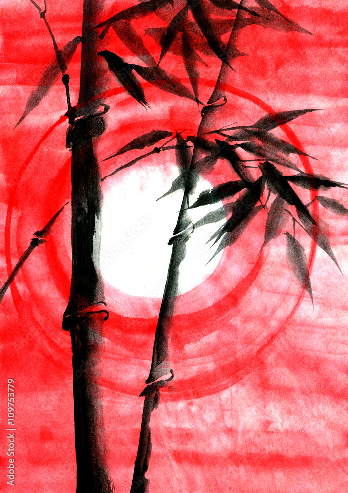 Fototapeta Watercolor ink Japanise bamboo