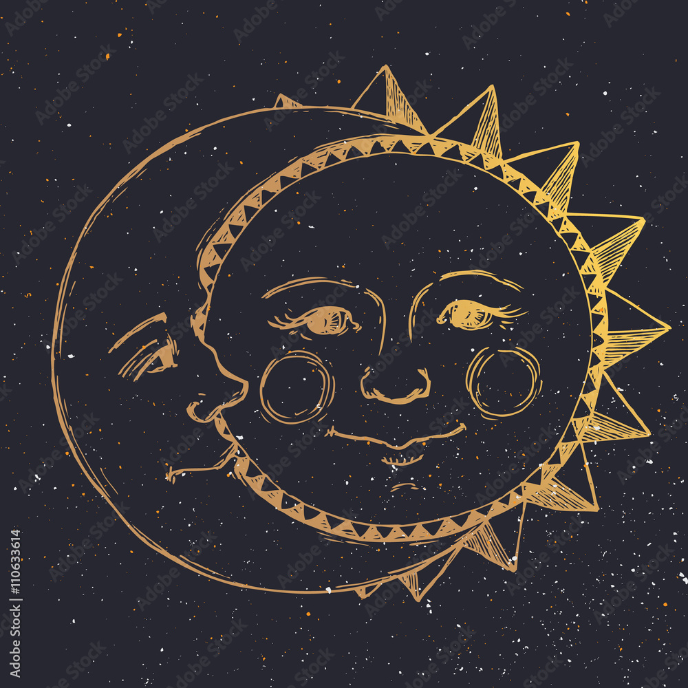 Obraz Tryptyk Hand drawn sun with moon