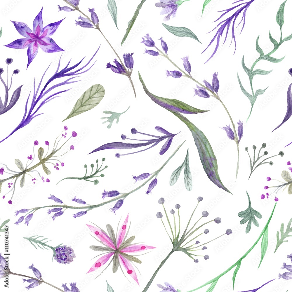 Tapeta Watercolor Herbal Pattern with