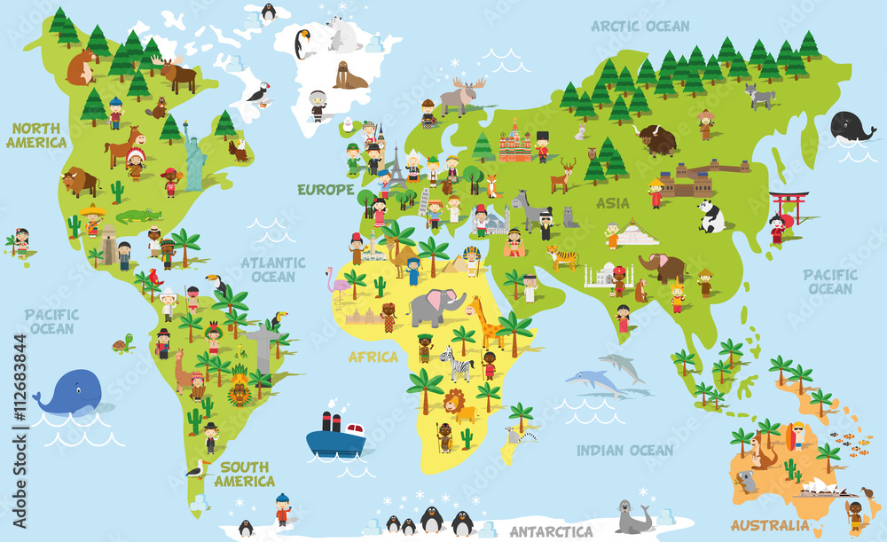 Obraz Dyptyk Funny cartoon world map with