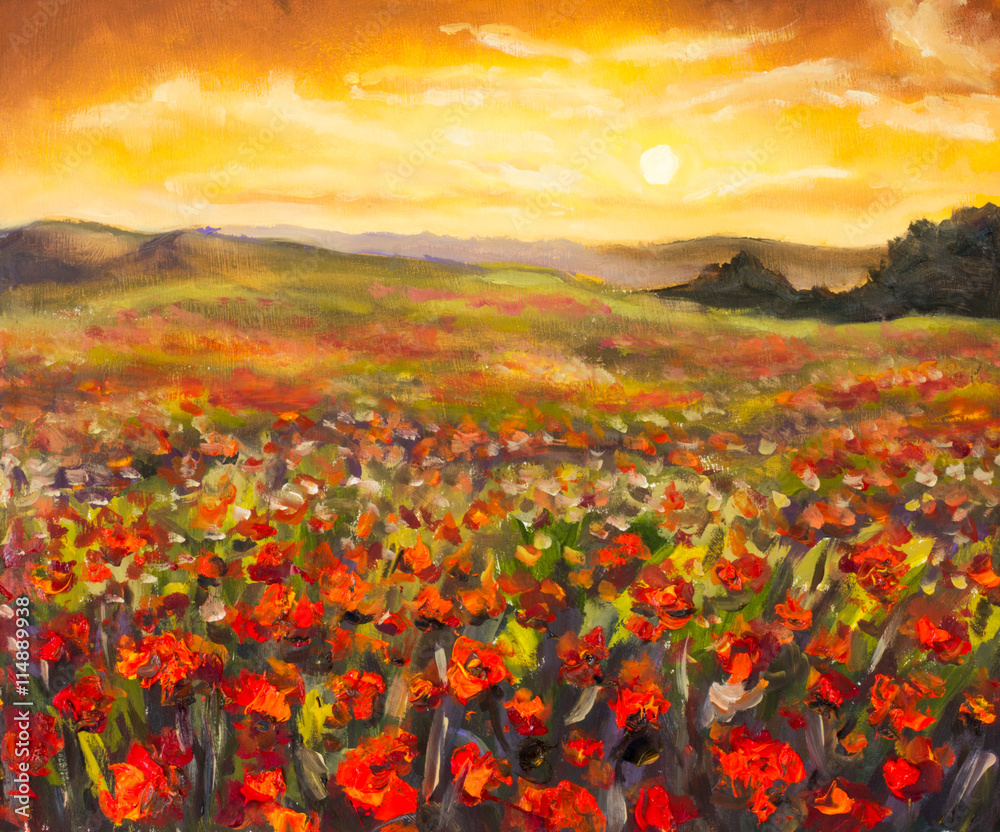 Obraz na płótnie Colorful field of red poppies