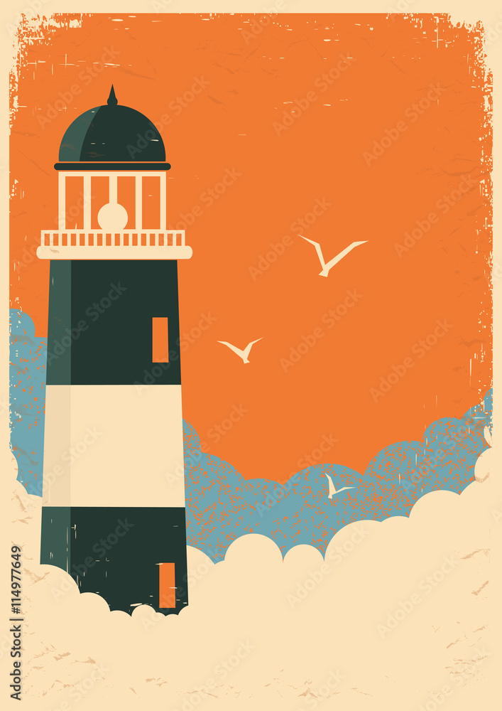 Fototapeta Lighthouse retro poster on old