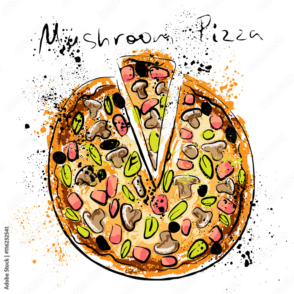 Obraz Tryptyk Mushroom pizza, drawn in chalk