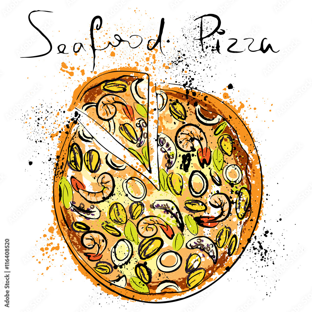 Obraz Tryptyk Seafood pizza, drawn in chalk