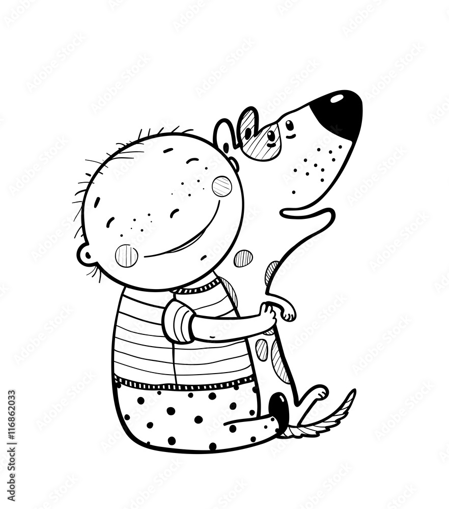 Obraz Tryptyk Little Boy Hugs Dog Best Happy