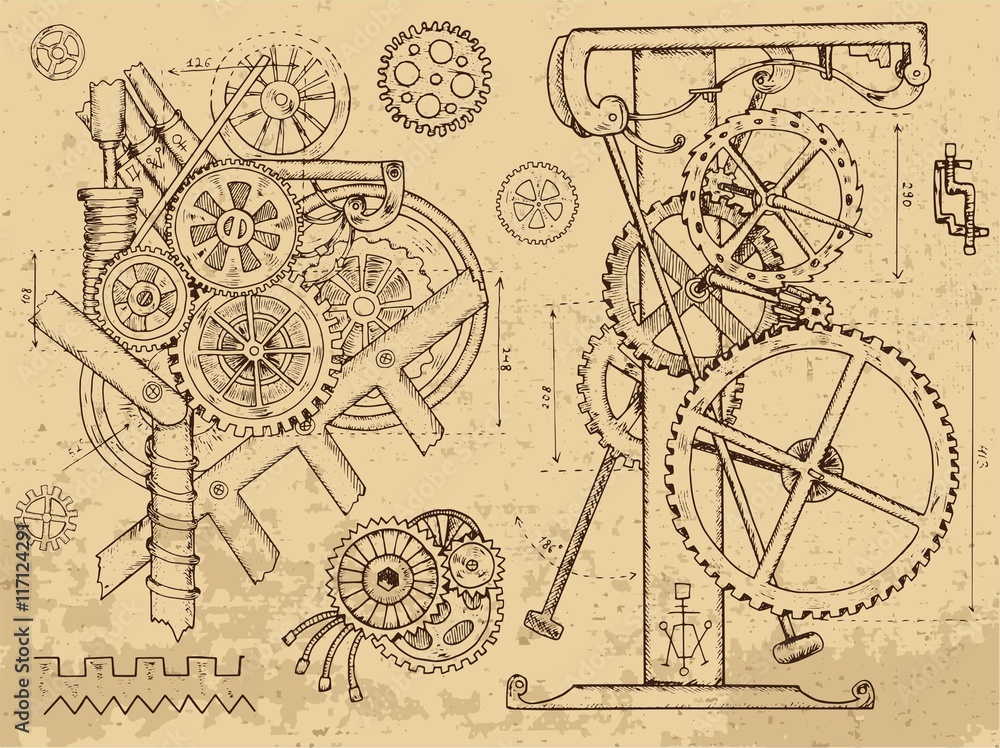 Obraz Tryptyk Old mechanisms and machines in