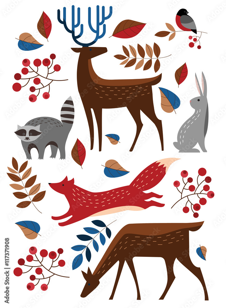 Obraz Tryptyk Set Vector forest animals.