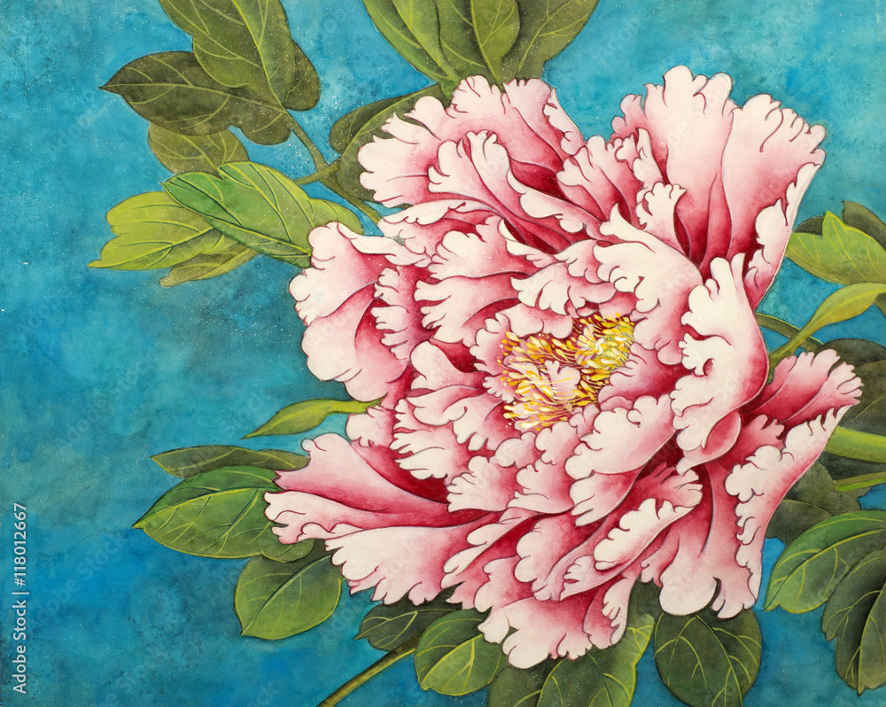 Obraz Tryptyk pink peony on a blue