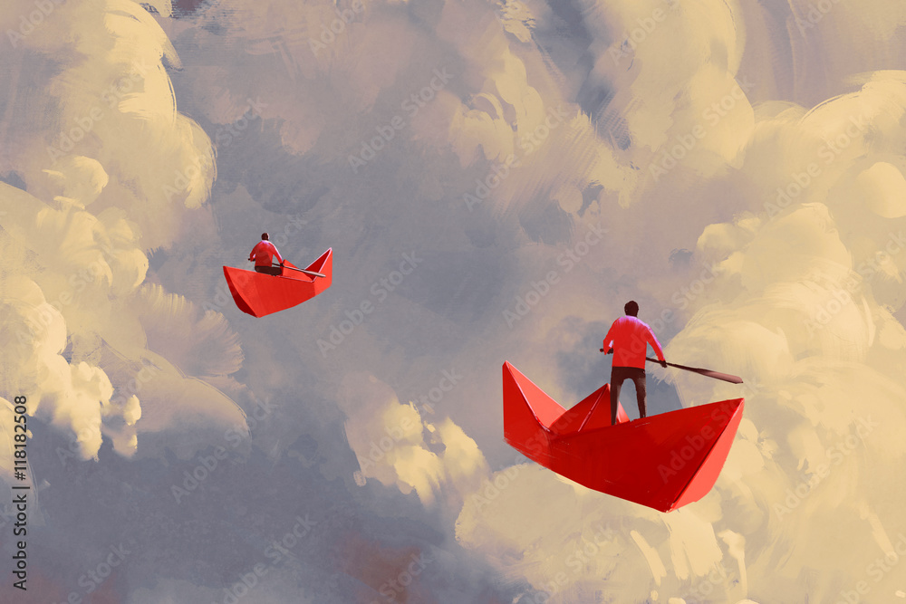 Obraz Tryptyk men on origami red paper boats