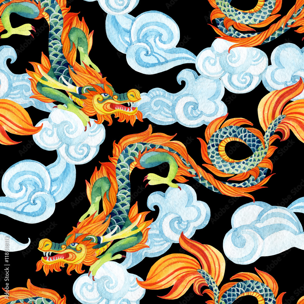 Obraz Pentaptyk Chinese Dragon seamless