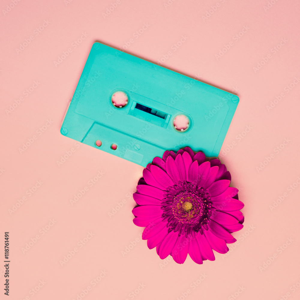 Fototapeta Cassette tape and flower.