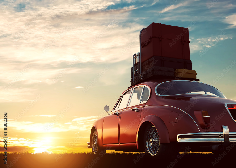 Obraz Tryptyk Retro red car with luggage on