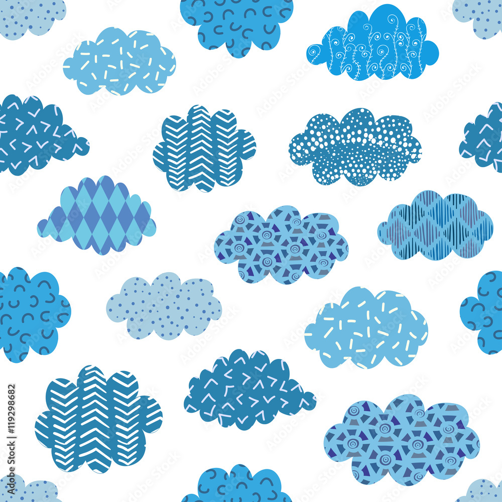 Obraz Tryptyk Doodle blue clouds seamless