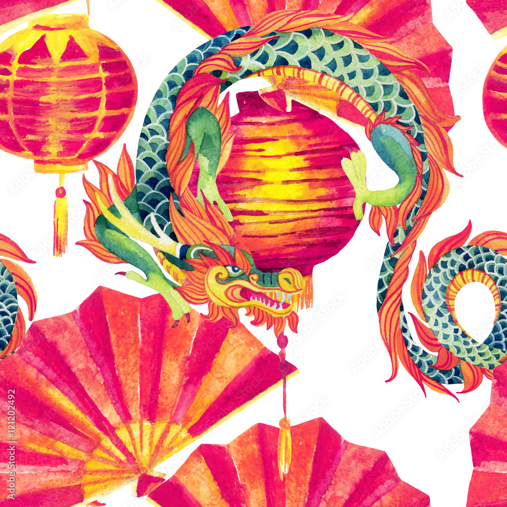 Obraz Pentaptyk Chinese Dragon watercolor