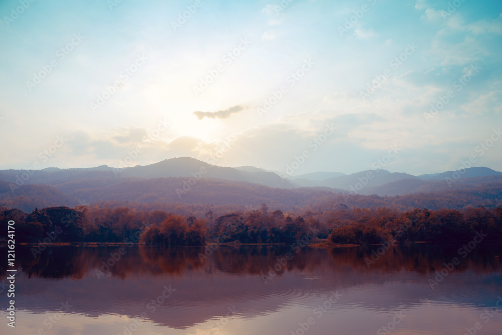 Obraz Pentaptyk Landscape of lake mountains in
