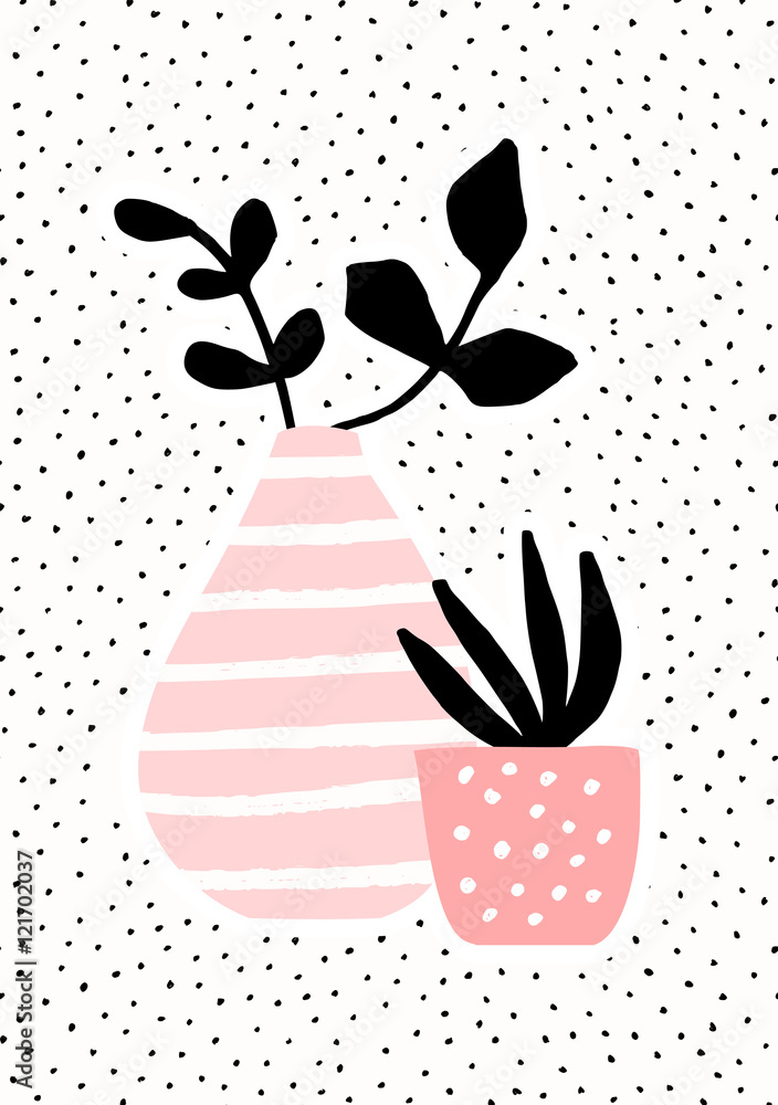 Obraz Pentaptyk Pink Vase and Pot with Plants