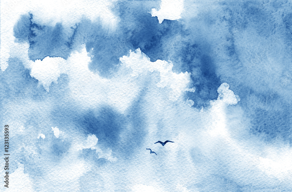 Fototapeta Blue watercolor cloud, birds