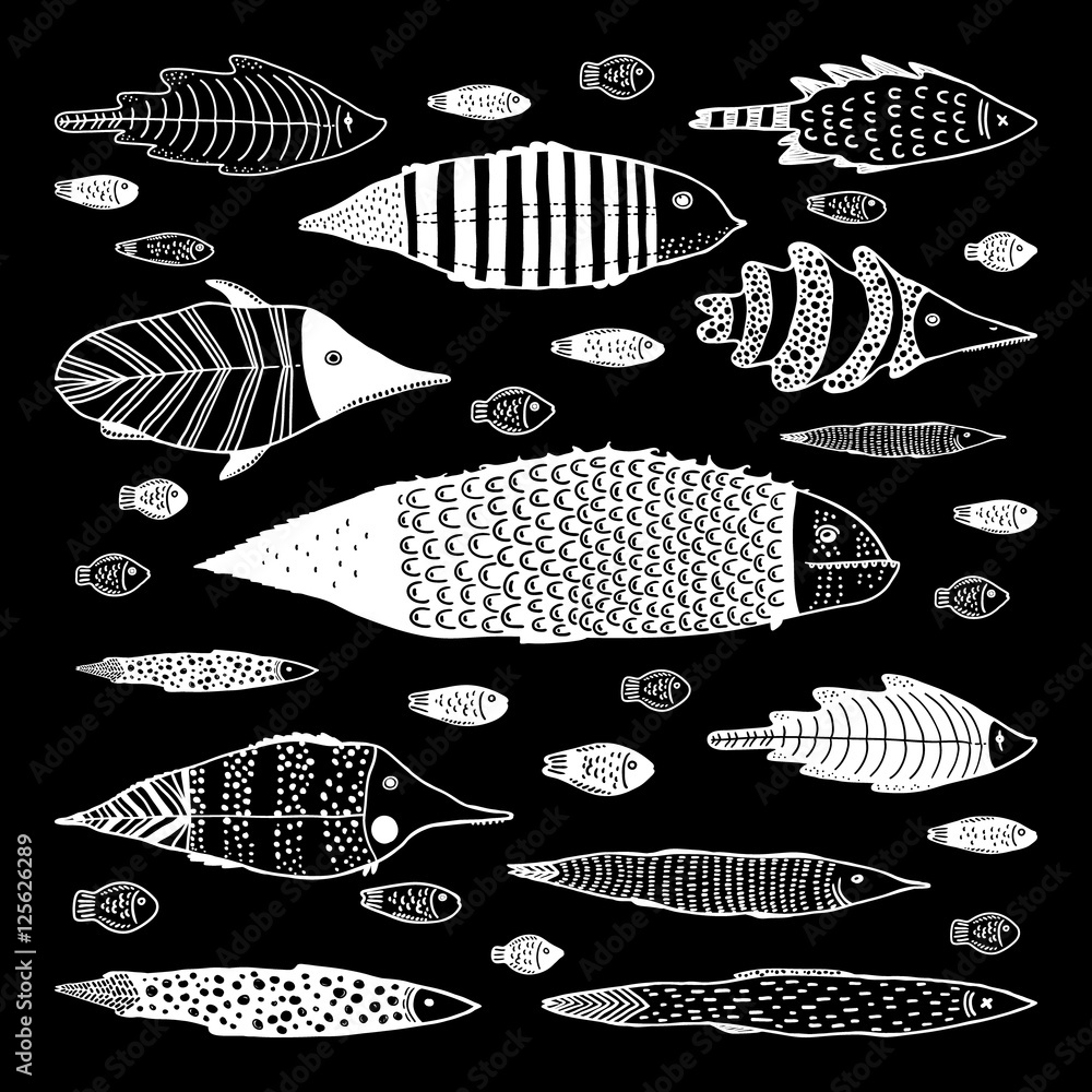 Obraz Tryptyk Set of funny fishes.