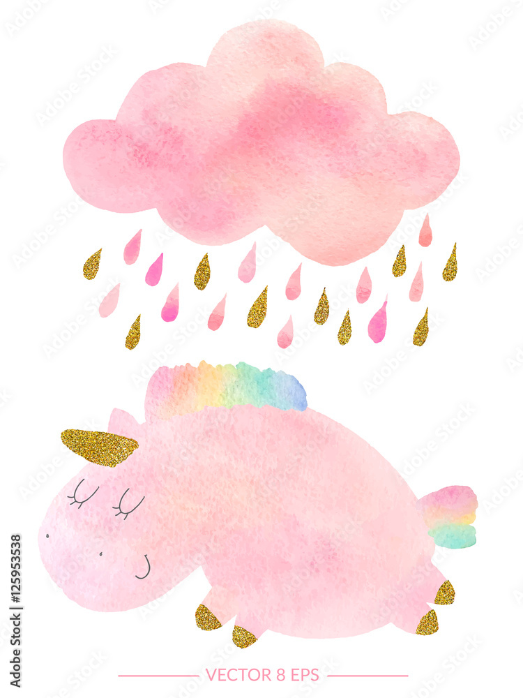 Obraz Pentaptyk Watercolor unicorn and cloud
