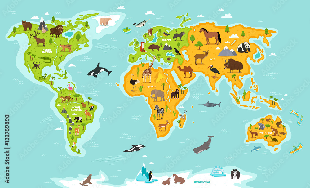 Fototapeta World map with wildlife
