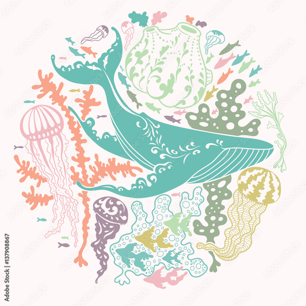 Obraz Kwadryptyk Whale in the sea. Vector