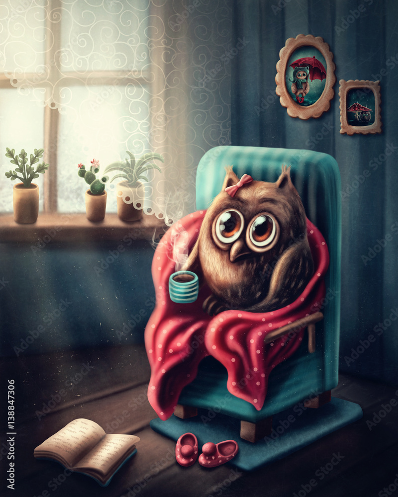 Obraz Tryptyk Little owl drinking coffee