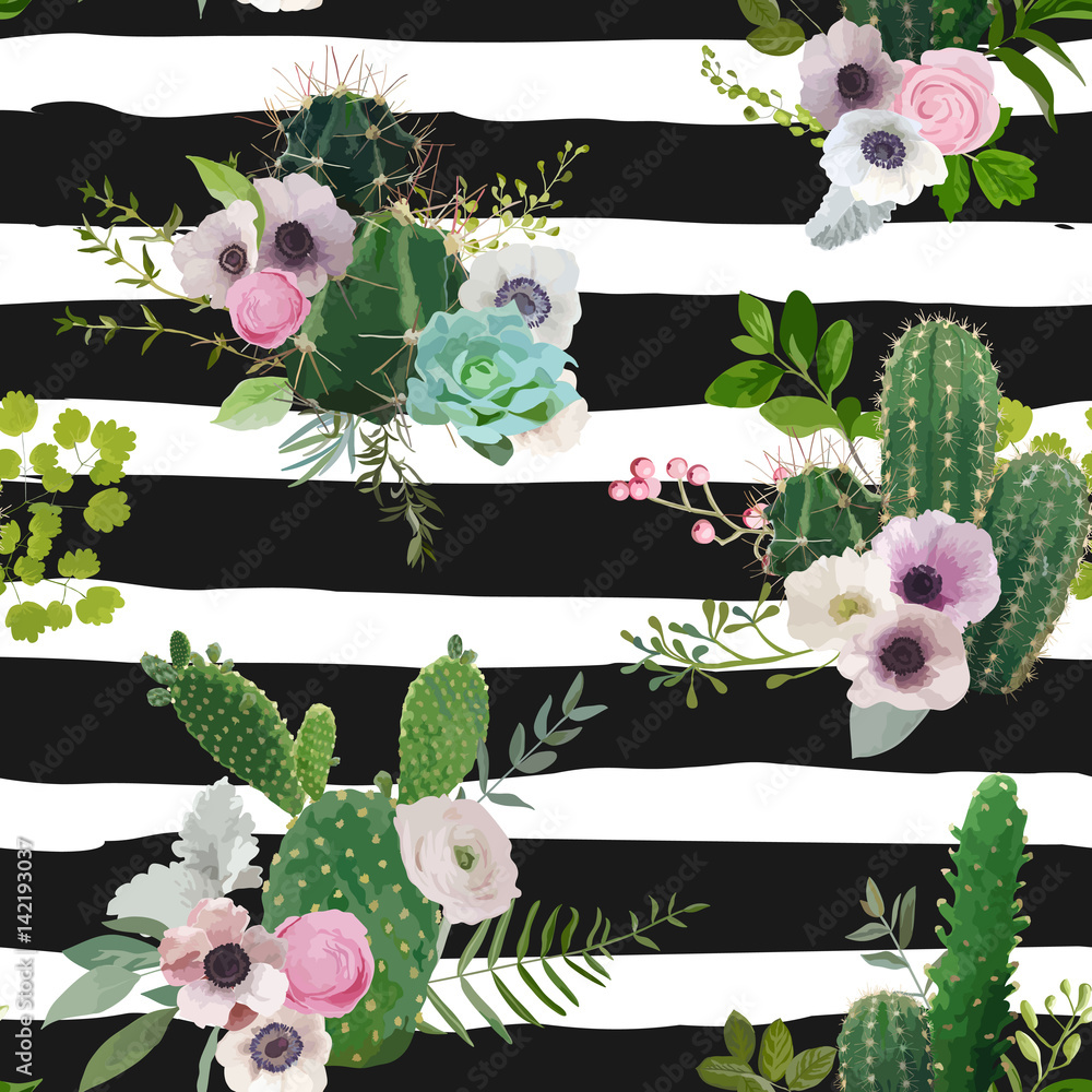 Tapeta Vector Cactus and Flowers
