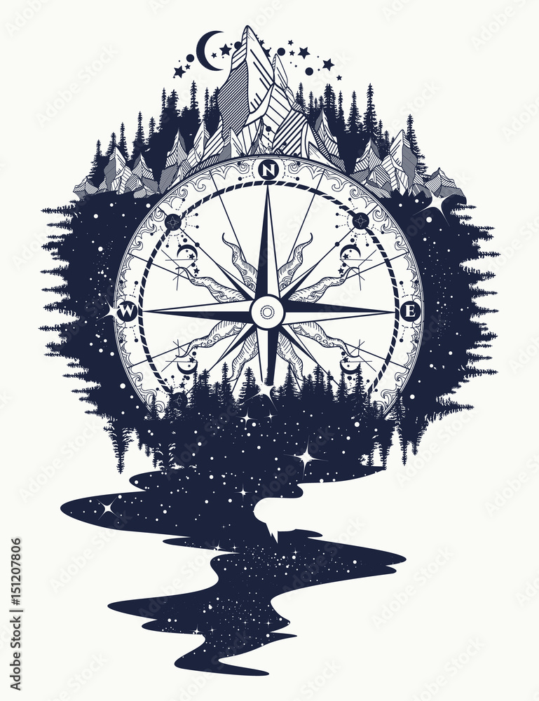 Obraz Kwadryptyk Compass, mountains, river of
