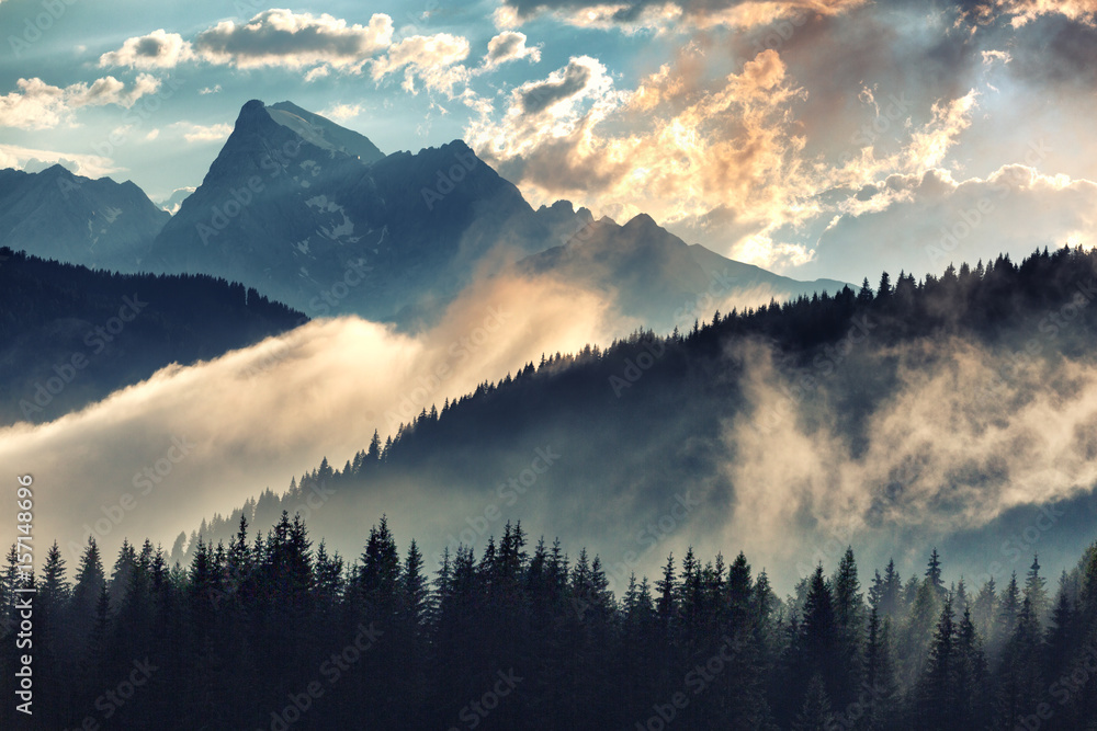 Obraz Tryptyk Foggy morning landscape with