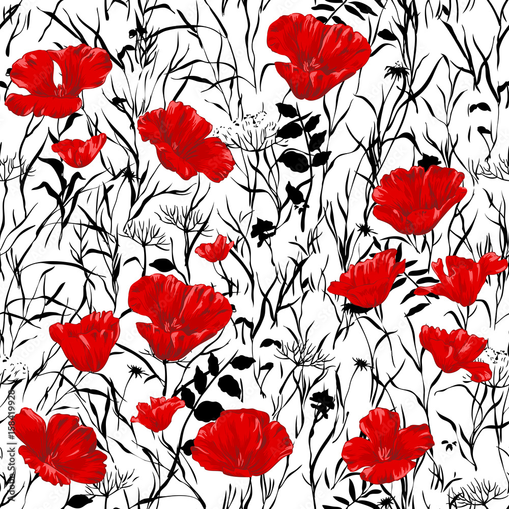 Tapeta Red poppies seamless pattern