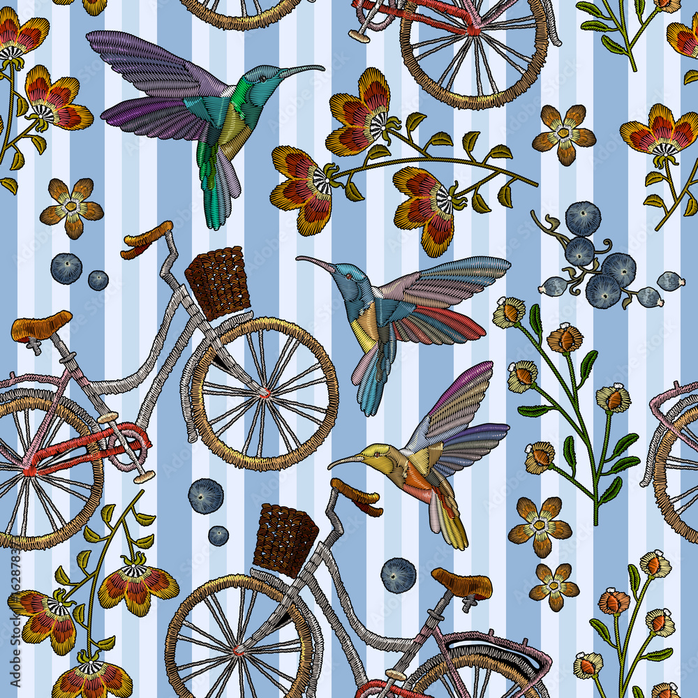 Tapeta Embroidery bicycle with basket