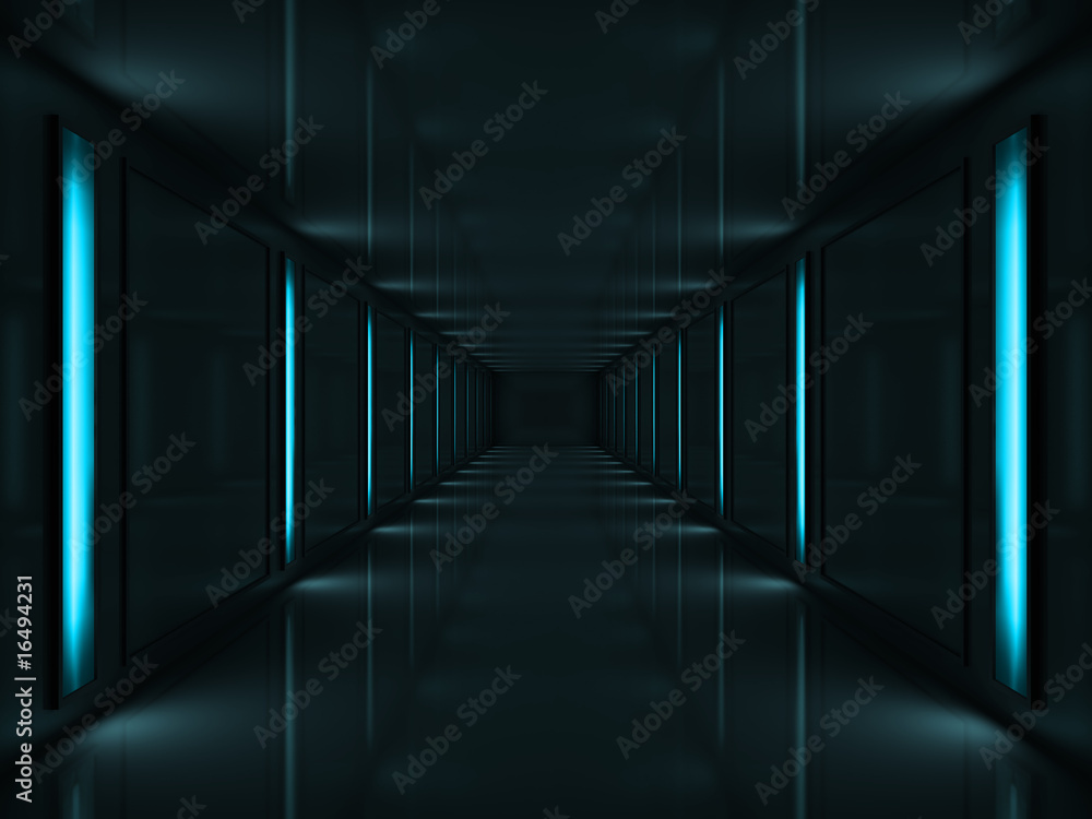 Fototapeta 3d Dark corridor with blue